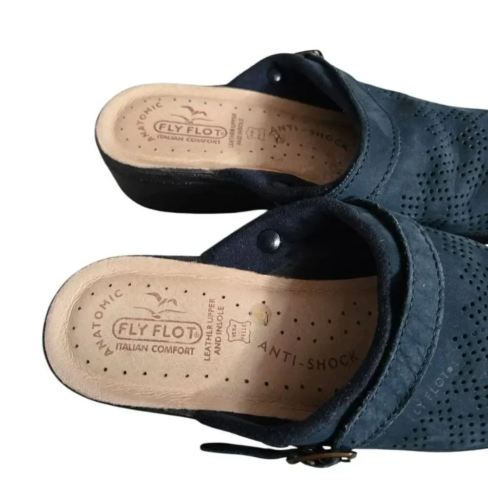 Fly Flot Italian Leather Mule Women's Size 40 Shoes Clogs Navy Atomic Leather